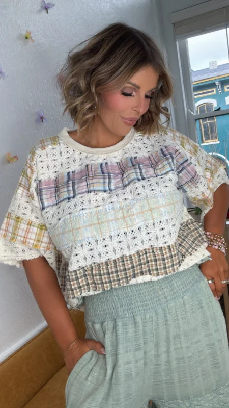 Oli & Hali: Only You Washed Lace and Plaid Mix Top Youthful Women's Anime - inspired