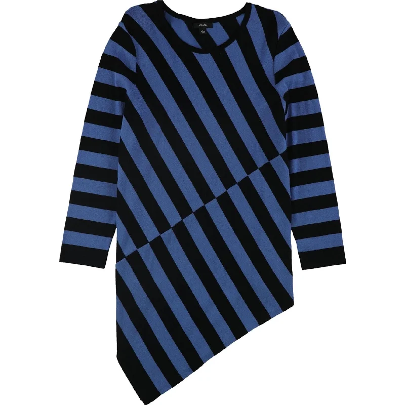 Alfani Womens Stripe Asymmetrical-Hem Tunic Sweater Polished Women's Silk