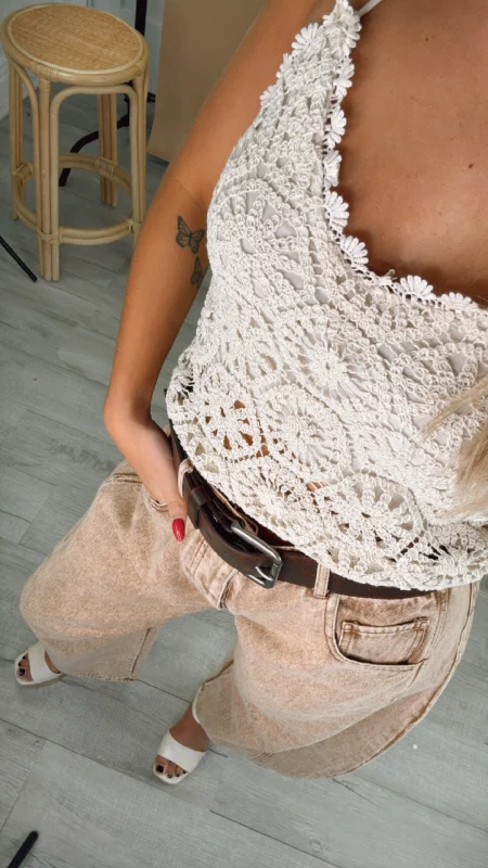 Crochet Tank, Beige Cozy Women's Sherpa - lined