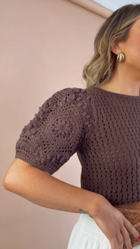 Emery Lace Crochet Sleeve Sweater Top, Brown Modern Women's Tech