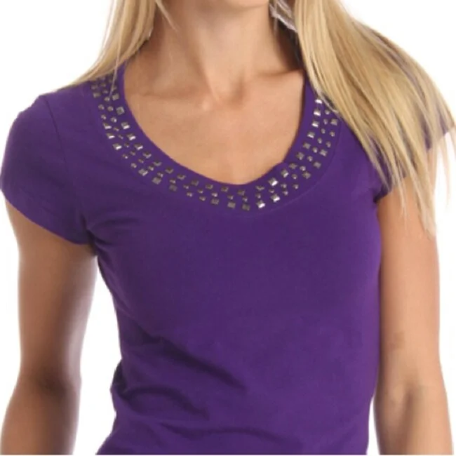 24/7 Frenzy Women's Embellished Neckline Purple Solid Tee Sleek Women's 