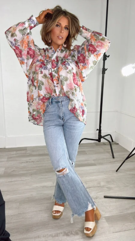 Vintage Rose Floral Long Sleeve Blouse, Multi Sophisticated Women's 