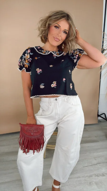 Sweet Things Embroidered Floral Puff Sleeve Top, Black Stylish Women's Neon