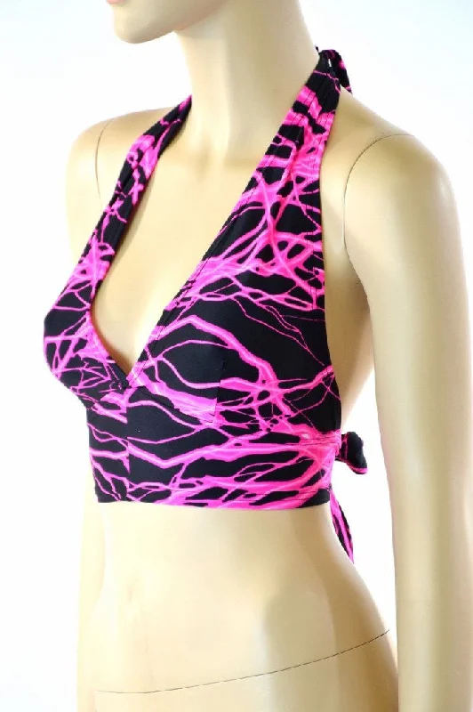 Neon Pink Lightning Tie Back Halter Confident Women's Power