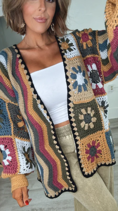 POL: Hand Knit Square Patches Cardigan, Mustard & Olive Youthful Women's Anime - inspired