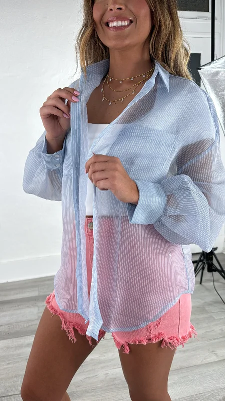 Sheer Striped Button Up Shirt, Blue Streetwear Style for 