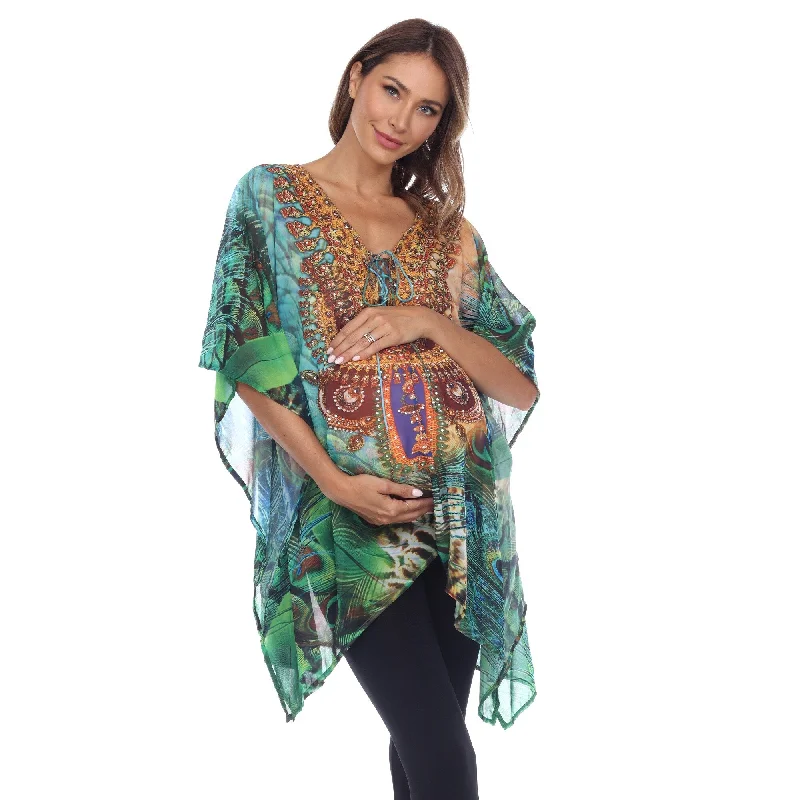 White Mark Womens Maternity Caftan Top Short TieUp Neckline MultiPrint One Size Elegant Women's Formal 