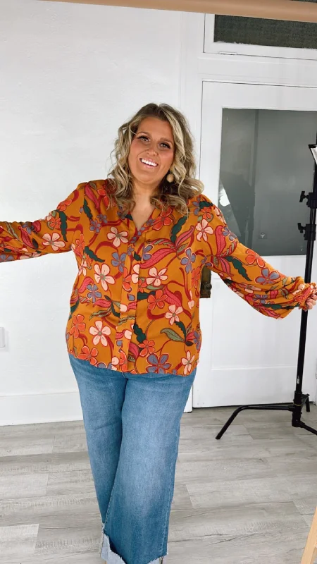 Standout  Long Sleeve Floral Blouse, Camel Streetwear Style for 