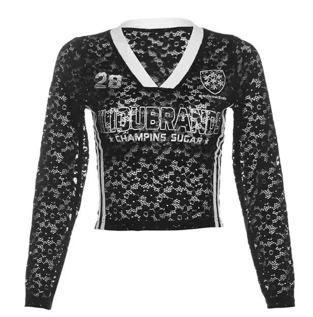Kliou Black Lace Jersey Top Women