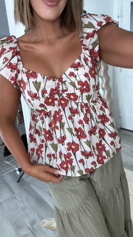 Floral Meadows Cap Sleeve Blouse, Red Modern Women's 
