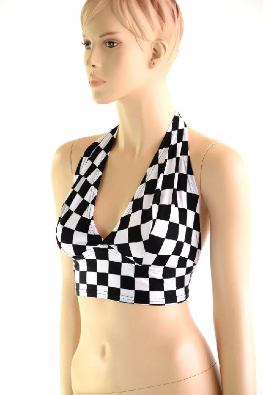 Checkered Tie Back Halter Elegant Women's 