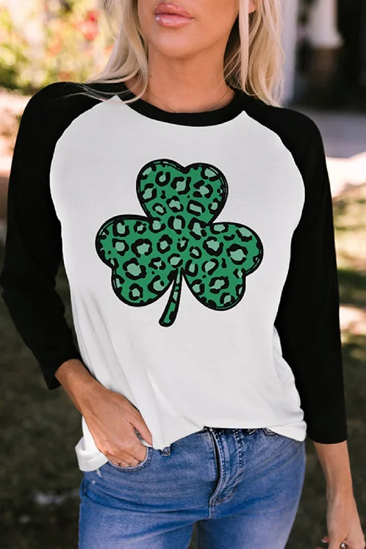 Contrast Color Chest Clover Leopard Print Pullover Traditional Women's 
