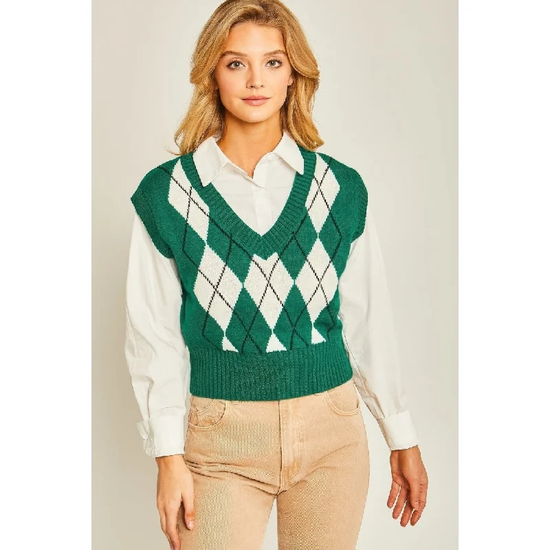 Argyle Print Sweater Vest Casual Women's Loose - fitting