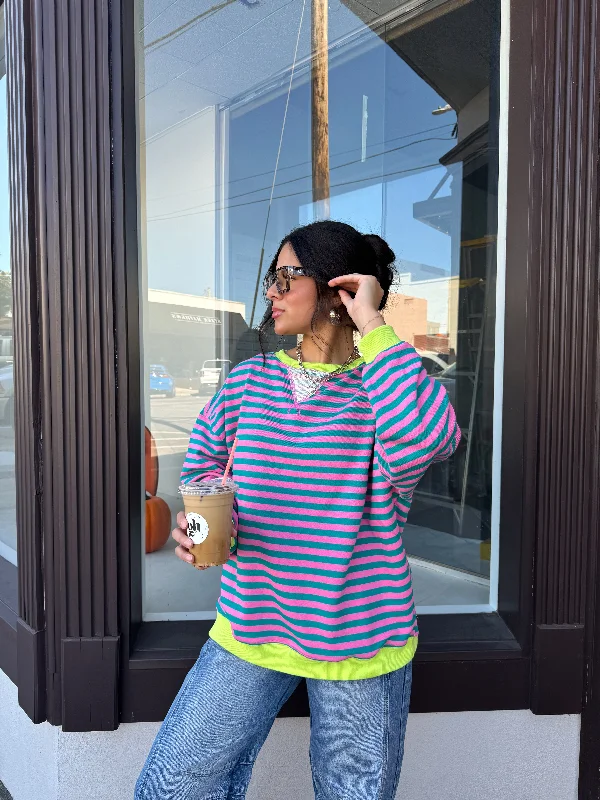 Guava Striped Oversized Crewneck Laid - back Women's Style