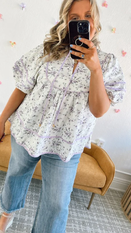 Enchanted Garden Blouse, White/ Lavender Monochromatic Office Style