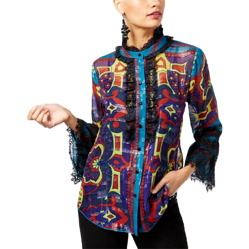 I-N-C Womens Silk Ruffled Button Up Shirt, Multicoloured, Small Polished Women's Silk I-N-C Womens Silk Ruffled Button Up Shirt, Multicoloured, Small Polished Women's Silk