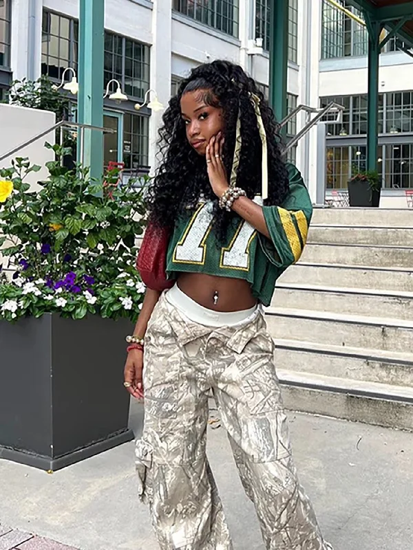 77 Green & Yellow Laced Jersey Crop Top Hip Women's Retro