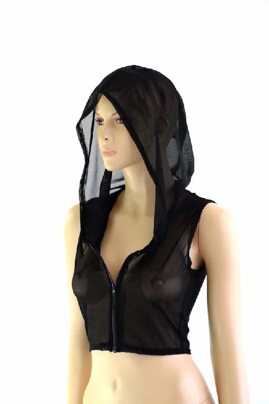 Sleeveless Zipper Mesh Crop Hoodie Polished Women's Silk