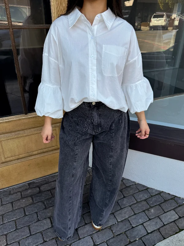White Bubble Hem Button-Up Top Gym