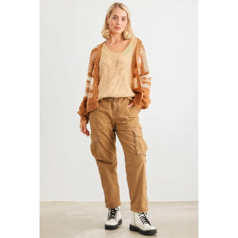Camel Striped Crochet Knit Two Pocket Open Front Cardigan Hip Women's Urban