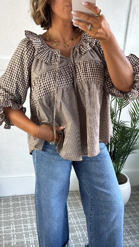 Amelia Gingham Top, Brown Bohemian Women's Free