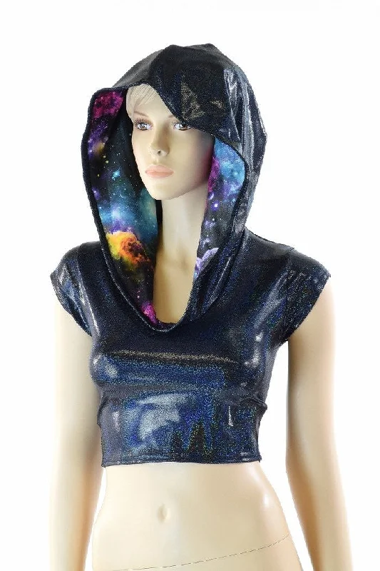 Black Holographic Galaxy Crop Hoodie Unique Women's Upcycled