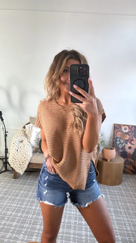 Say Less Short Sleeve Sweater Top, Camel/Pink Sharp Women's Italian